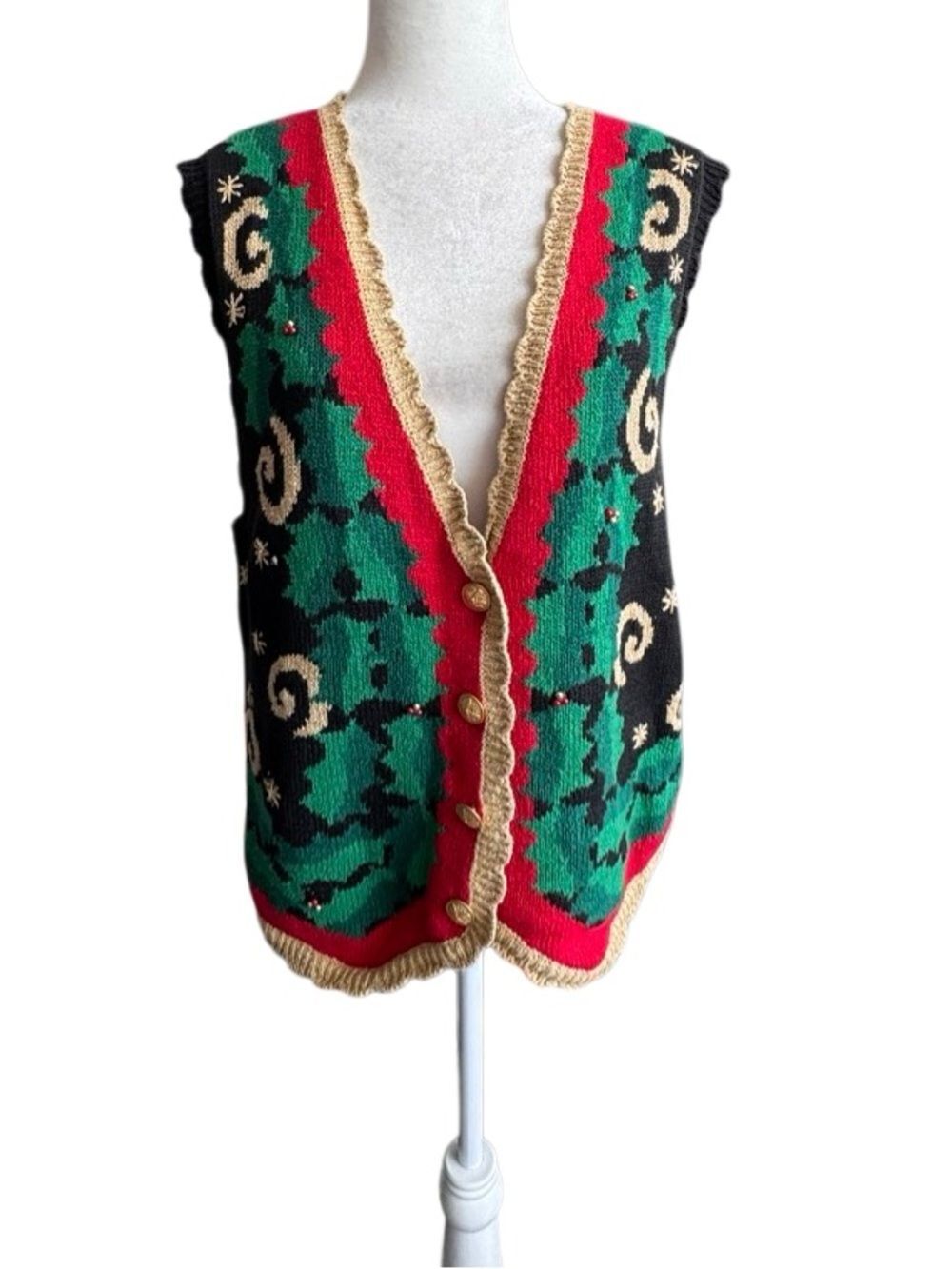 Norton McNaughton Holiday Knit Vest Green Red and Black Gold Trim V Neck SZ M